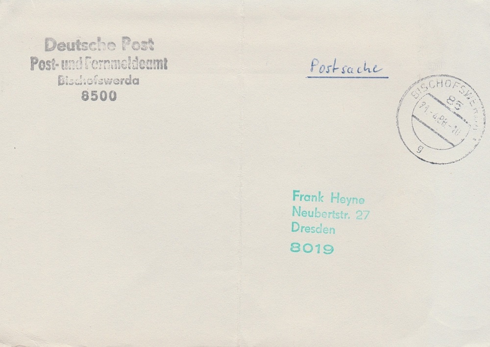 Rückumschlag vom PA Bischofswerda mit Tagesstempel